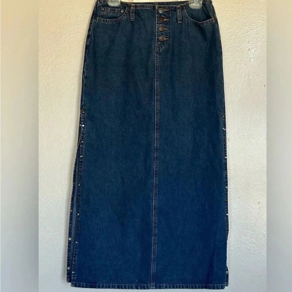 NOBO No Boundaries Skirt Denim Maxi Buttons Pockets Slits Pink Rhinestone Embell